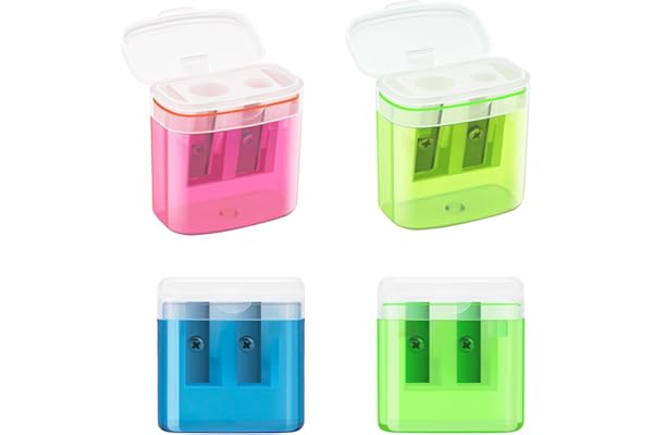 JEFURE 4 Pièces 4 Couleurs Taille-Crayon avec Reservoir, Taille Crayons pour Crayons Épais et Fins, 2 Trou Manuel Taille Crayon Coloré pour Enfants, l'École, Le Bureau
