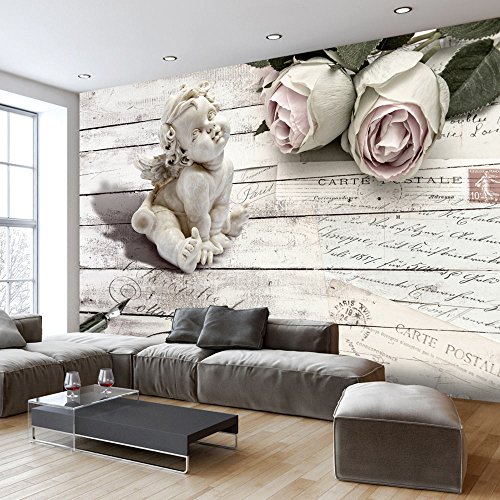 FOTOTAPETE 400x280 cm - VLIES TAPETE PREMIUM - PROFI QUALITÄT - Top moderne Wanddeko - Riesen Wandbild - Top Design Tapete - Neue exklusive Edition mit noch besser Druckauflösung - Deutsches Premium Vlies - Vintage Engel Rose Bretter f-A-0342-a-a