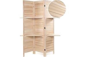 ‎DESIGN DELIGHTS DESIGN DELIGHTS Drewniana ścianka działowa Cottage II | 3-częściowy, 170 x 120 cm, drewno, parawan z półkami, składana ścianka działowa, ochrona przed wzrokiem z półką | Kolor: naturalny