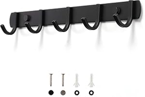 HOSKO Perchero Pared, Ganchos Percheros de Pared de montaje para Dormitorio Baño y Cocina, Perchas de Acero Inoxidable Engrosado Negro (5 Hook)