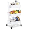 Storage Trolley Cart - 3 Tier Rolling Utility Organizer Rack, Craft Art Cart, Multi-Purpose Organizer Shelf, Tower Rack Serving Trolley for Office Bathroom Kitchen Kids’ Room Laundry Room, White