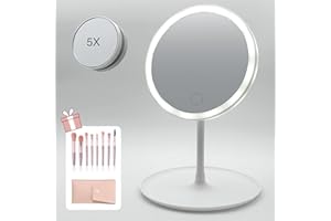 Three Stars | Specchio da trucco con luce LED ricaricabile | Regalo:Set 8 pennelli | Accensione e regolazione della luminosità tattile | 3 colori di luce | Aumento X1/X5 | Rotazione di 180°