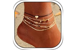 Handcess Lot de 5 bracelets de cheville, style accumulation et bohème, avec cœur et perles dorés