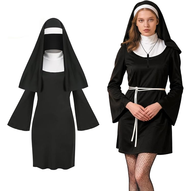 Nonnenkostüm Für Damen – Inkl. Kleid, Haube, Kreuzkette & Gürtel, Für Karneval & Mottopartys