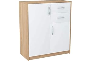 MATKAM Kommode 2-türig mit 2 Schubladen H 85 x B74 x T 35 cm Schublade B32 x T33 cm (Korpus Sonoma Eiche – Front in weiß)