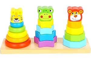 Woody Treasures Wooden Stacking Toys for 1 2 3 Year Olds - Baby Stacking Rings with Lion, Dog & Frog Head - Cognitive & Fine Motor Skills Development - Classic Stacker for Boys & Girls