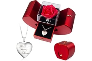 SOVIUPRZ Preserved Rose in A Box Forever Red Roses Heart Box to My Love Eternal Flower Box for Her Girlfriend Wife Mom with Custom Photo Necklace Cherish These