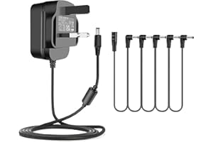 TKDY 9V Guitar Effects Pedal Power Supply Adapter,9 Volt 1.5A 1A Wall Charger Tip Negative 5.5 * 2.1mm with 5 Way Daisy Chain Cables