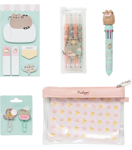 Kit Papeterie Chat - 9 Pièces, Motifs Pattes De Chat, Rose, Pour école Ou Bureau - Stylo, Gomme, Surligneur, Colle, Etc.