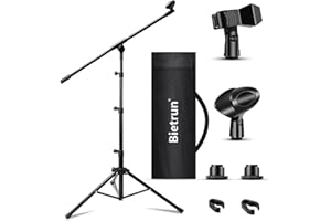Bietrun Trépied Microphone Métal, Hauteur Réglable en 64-226cm avec Bras Pivotant, Sac de Transport et 2 Clips de Microphone, Compatible avec Micros Sans Fil pour Concerts/Mariages/Enregistrement