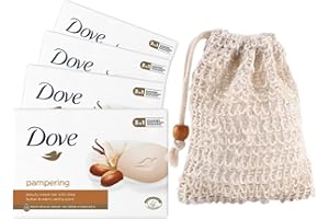 Wundle Bundle Soap Saver Exfoliating Pouch with 4 x Dove Pampering Moisturising Soap Bars (Shea Butter & Warm Vanilla)