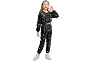 LOLANTA 2PCS Kids Sequins Hip Hop Dance Costume Street Dancewear Long Sleeve Hooded Jacket & Trousers Set