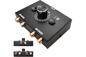 LEIKURVO Conmutador de audio estéreo RCA RCA 2 (1)-IN-1(2)-Out: R/L Stereo Audio Switcher con control de volumen, selector de sonido auxiliar bidireccional, caja divisora para reproductor de CD, ordenador