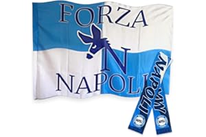 NARAMAKI Drapeau et bandeau du Napoli – drapeau 90 x 150 cm avec boucle pour tige + collier Napoli 89 x 8 cm – fan championnat de football (drapeau + bande Naples)