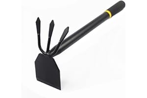 PlushPlumage Garden Hoe and Rake Two in One,Garden Tools,Heavy Duty Carbon Steel,Ergonomic Anti-Slip Handle for Vegetable & Flower Planting,Rust-Resistant Design