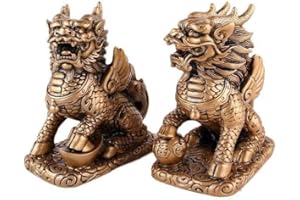 lachineuse – Figuras de Pareja QiLin – Estatuillas Feng Shui Chi Lin – Símbolo de protección de energías negativas – para Oficina, hogar, decoración China asiática Qi Lin – 12,5 x 11 x 6 cm – Dorado