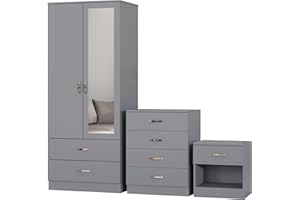 Nera Bedroom Furniture Set 3 Piece Set Wardrobe with Drawers Chest of Drawer Bedside Table Bedroom Storage (With Mirror Matt Grey)