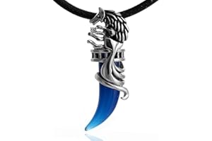 DonDon Collier en Cuir Homme 50 cm avec Pendentif dent Bleu et Pochette en Velours