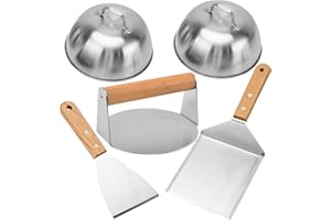 Mockotta 5 Stück Smash Burger Set aus Edelstahl für Plancha Gasgrill Teppanyaki, Burger Smasher Set inlk.2 Burgerglocke Burgerpresse Grillspachtel Pfannenwender Teppanyaki BBQ Grillbesteck Set