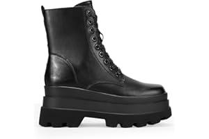 BOSANOVA Bottines militaires noires en cuir végétalien avec double plateforme et semelle track. Fermeture à glissière et lacets.