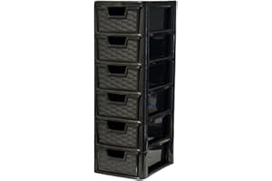 Khanary Plastic 6 Tier Storage Drawers Unit Small Tower Storage Unit Homes, Kitchen, Schools, Offices Plastic Drawer Organizer Desktop Table Top Drawers Stationary 26Dx19Wx60H Rattan Black