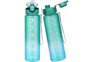 Seekua Sport Tritan Gourde 1l avec Paille & Marqueur de Temps, Motivation Bouteille d'eau sans bpa reutilisable pour Running, Gym, Fitness, 2 Couvercles, 1 litre