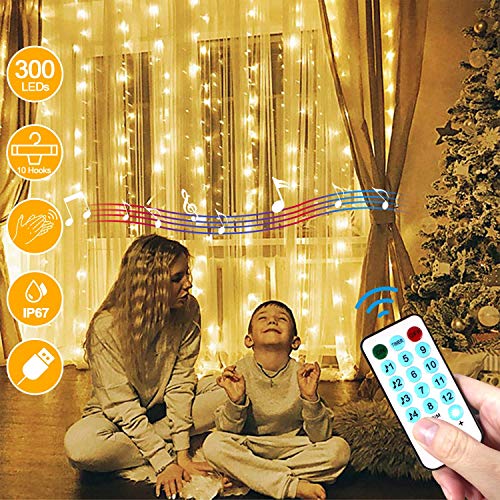LECLSTAR Cortina de Luces LED USB,3m*3m 300 LED 8 Modos de Luz con Control Remoto y 4 Modo de Música,IP67 Impermeable,Cadena de Luces Decoración de Casa, Fiestas, Bodas, Jardin, Arbol de Navidad, etc