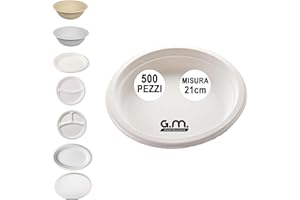 G.M. DISTRIBUZIONE 500 Piatti Fondo/Ciotola Bianchi in Polpa di Cellulosa 21cm, Ideale per Cibi Caldi e Freddi, Piatti Imperameabili Usa e Getta Adatti al Microonde, Biodegradabili e Compostabili