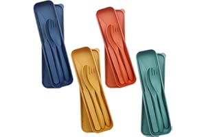 CATELL 4 Piezas Juego de Cubiertos de Viaje con Estuche Cubiertos de Plástico Portátil Juego de Vajilla de Viaje Juego de Utensilios Reutilizables para Oficina Escuela Picnic Camping (4 Colores)