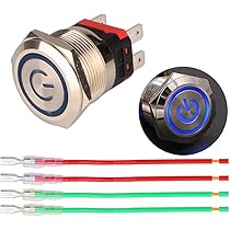 GUUZI Bouton Poussoir Momentané 220V/15A Sans Lumière LED Bleue Etanche, Bouton Poussoir De Démarrage En Métal Eclairé De 19mm Avec Fil De Prise
