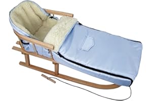 BABYS-DREAMS BAMBINIWELT Kombi-Angebot Holzschlitten mit Rückenlehne & Zugseil + universaler Winterfußsack (108cm) auch geeignet für Babyschale, Kinderwagen, Buggy, aus Wolle Uni
