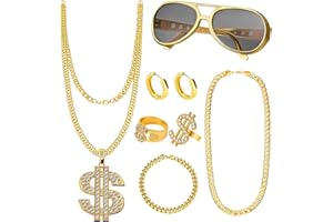 Fivtsme Kit de Costume Hip Hop,8 Pièces Kit de Accessoires de Rappeur,80 Années 90 Costume Hip Hop Ensemble,Signe de Dollar Collier Chaîne Anneau,Convient pour Anniversaires Fêtes Carnaval Concerts