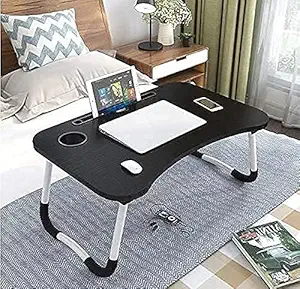 RD Treders Foldable Bed Study Table Portable Multifunction Laptop-Table Lapdesk for Children Bed Foldabe Table Work Office Home with Tablet Slot & Cup Holder Bed Study Table-> (Black)