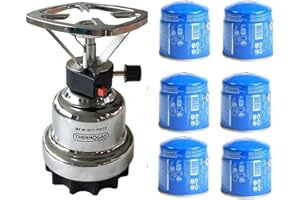 PROWELTEK Poweltek - Réchaud à Gaz Portable 1000W avec Allumage Piézo & Coque INOX | Kit Complet : 6 Cartouches Butane 190g Incluses | Mini Réchaud de Camping, Randonnée, Pêche | Compact & Sûr EN417