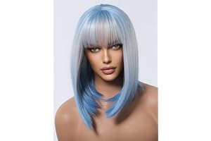 ‎TESTAR testar Blaue Perücke FÜR Weiße Frauen Ombre Blau Blond Perücken Mit Pony Kurze Glatte Blonde Perücken Damen NatÜRlich Bob Perücken Hitzebeständige Kunstfaser Perücken FÜR Cosplay Damen (Blau)