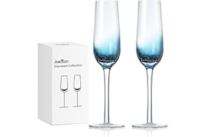 Joeyan Lot de 2 Flûtes à Champagne,Flûtes à Champagne Craquelés Bleus Faits à la main de 200 ml， Reutilisable,Gobelet Verre a Pied Vin Cocktail pour Fêtes Douche D'anniversaire Mariage Noël Cadeau