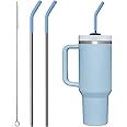 Bluwing 2 Pcs Stainless Steel Straws for 40 oz Stanley Tumbler, Replacement 40 oz Stanley Cup Straw Accessories with Silicone Tips and Cleaning Brush (Light Blue)
