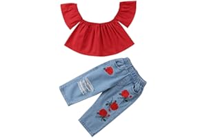 FEMEREINA Conjuntos de Jeans para Bebés Niñas - Blusas con Volantes Fuera del Hombro Camisa y Jeans Rasgados Pantalones de Mezclilla Conjunto de Pantalones