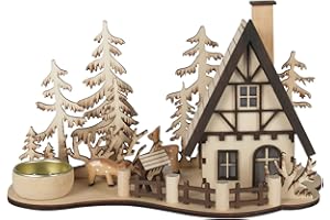 OBC-KUNSTHANDWERK Räucherhaus Waldhütte mit Teelichthalter, H: 15cm, Natur, gelasert