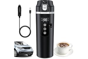 PORFOYO Bollitore elettrico per auto, tazza da viaggio 24V/12V, bollitore elettrico da 500 ml, nero, in acciaio inox, con display per auto e viaggi