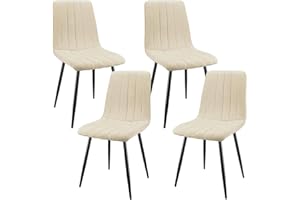 JIJIAN Set of 4 Dining Chairs, Linen Kitchen Chairs, Living Room Chairs with Upholstered Seat Backrest and Sturdy Black Metal Legs, Stripe Pattern (Beige)