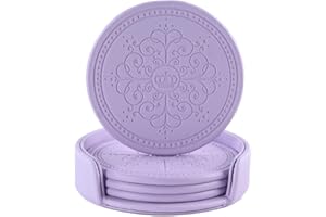 LISRSC Coasters Set - PU Leather Round Purple Coffee Table Coasters - Holder - Pads Mat - Set of 4 Gifts for Home,Bar,Cafe,Party,Office Decor