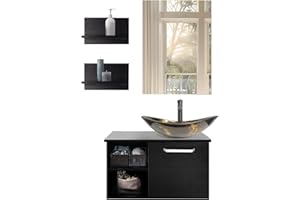 ‎YU YUSING YU YUSING Badmöbel Set Waschbeckenunterschrank Badezimmerschrank mit Waschbecken Unterschrank Spiegel, Badezimmermöbel mit Waschtisch, Spiegelschrank, 2 Wandregale, Wasserhahn Set (Golden Oval)