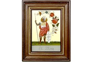 Hinterglaswerkstätten - Hinterglasbild/Patronatsbild Hl. Moritz mit braun gebeizten Holzrahmen, handbemalt mit Legende des Heiligen auf der Bildrückseite, ca. B: 12,5 x H: 16 cm