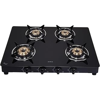 Elica 4 Burner Auto Ignition Gas Stove Toughened Glass Top | Brass Burners