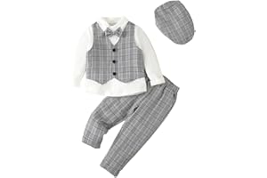 Lito Angels Plaid Gilet Costume Bebe Enfant Garcon Vetements de Mariage Ceremonie Gentleman avec Chapeau, Gris Vert Marron Bleu Rouge