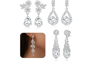 CASSIECA 4 pary kolczyków z klipsem dla kobiet, eleganckie kryształowe kolczyki w kształcie łezki, klips z kryształem górskim, wiszące kolczyki dla panny młodej, druhny, klipsy, Cyrkon