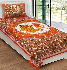RajasthaniKart Comfort Rajasthani Jaipuri Traditional Sanganeri Print 144 TC 100% Cotton Single Bedsheet with 1 Pillow Covers