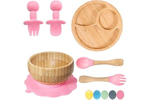 77STAR 77 Star Bamboo Baby Weaning Set, Baby Suction Bowl, Suction Plate Baby, Spoon & Fork, Strong Detachable Suction Base Baby Feeding Set, Non-Slip Bamboo Bowl & Baby Plates with Suction (Pink)
