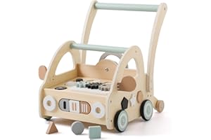 Lauflernwagen Holz, Multifunktion Montessori Spielzeug mit Formensortierung Spielbrett, Lauflernhilfe Baby ab 6 monate Baby Walker mit Rädern & Bauklötzen Geschenk für 1 Jährige Jungen und Mädchen